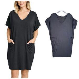 Kate Landry Black Dolman Sleeve V Neck T Shirt Dress Pockets Women Small Medium